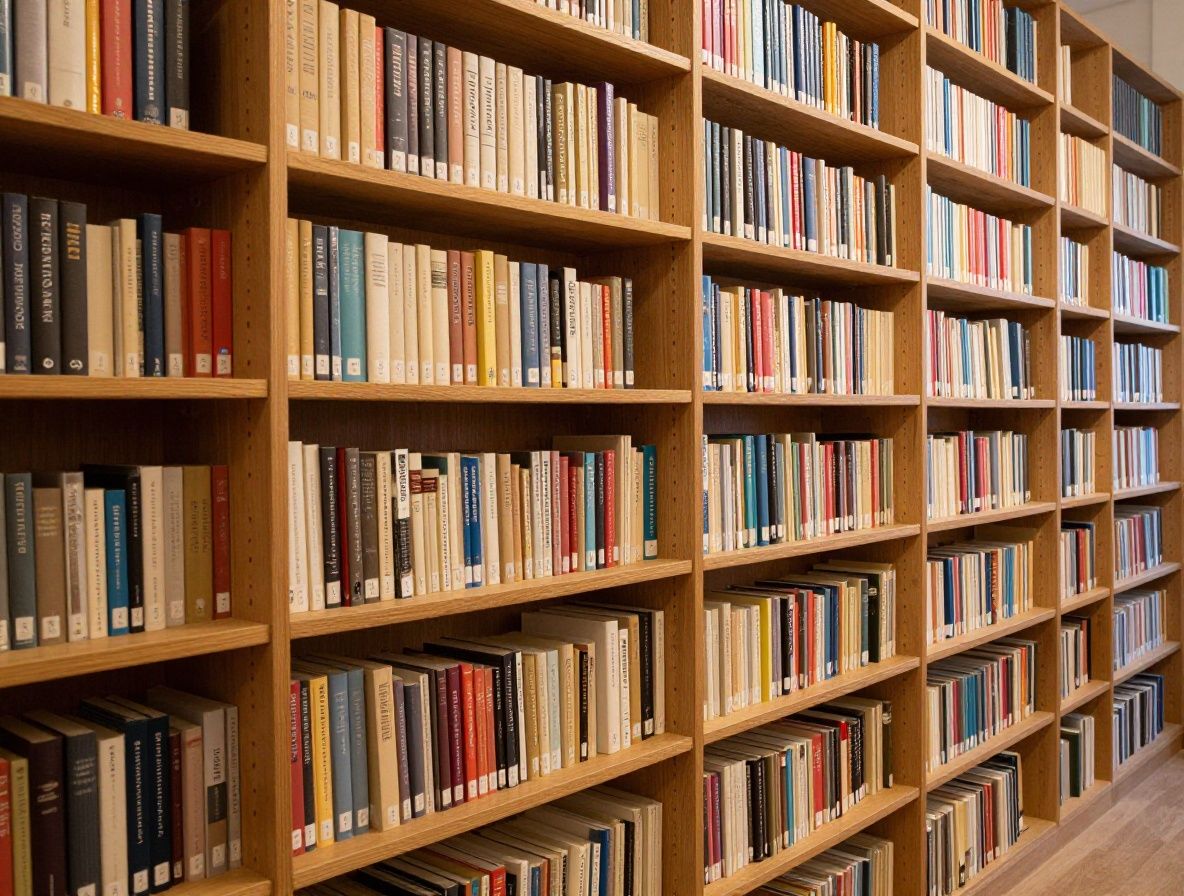 Vanha kirjasto tai arkisto jossa kirjoja täynnä hyllyt, lämmin valaistus, rauhallisuuden ja tiedon tunnelma