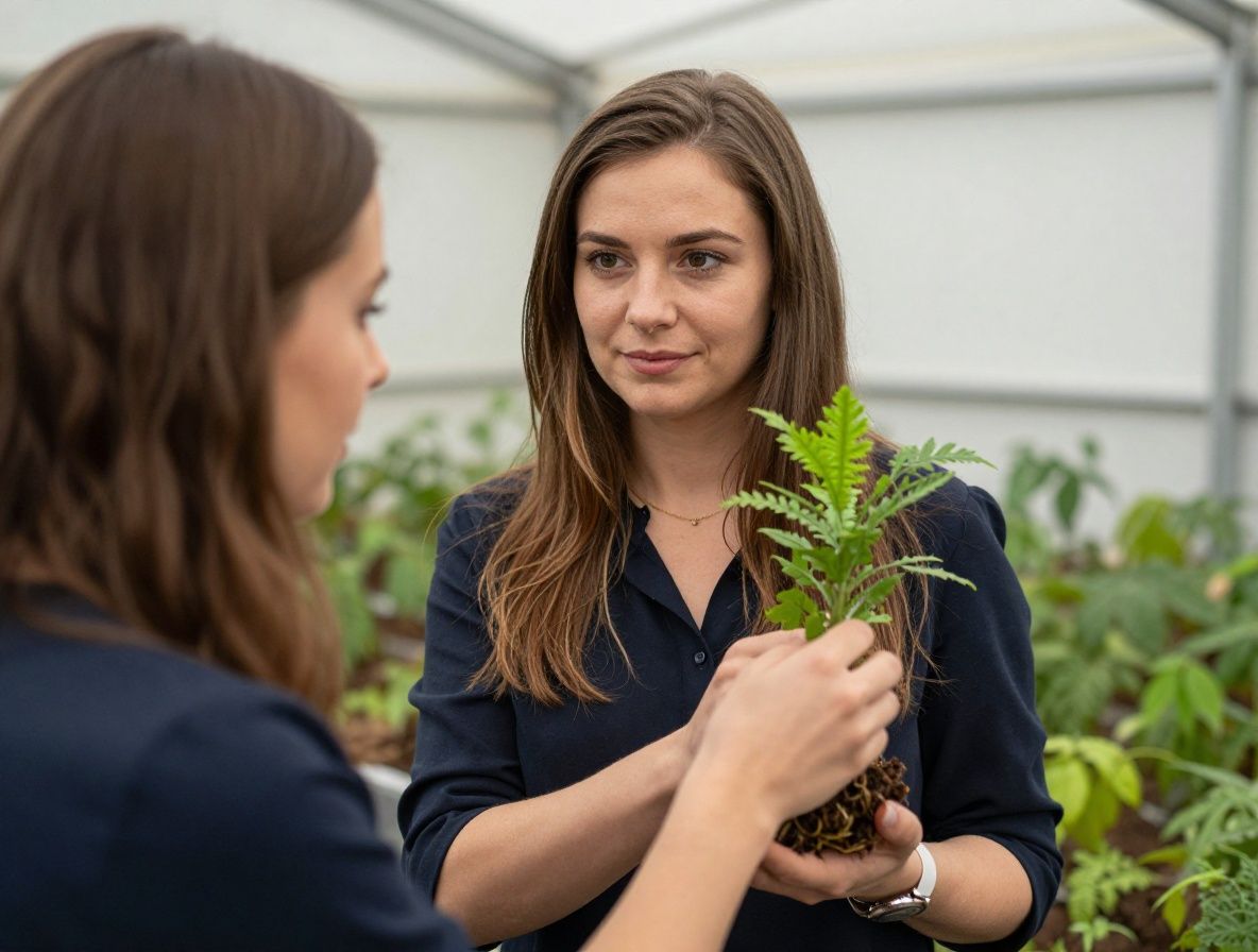 Nainen istuu valoisassa huoneessa ja kertoo kokemuksistaan luonnollisista yrttiuutteista, taustalla vihreä kasvi